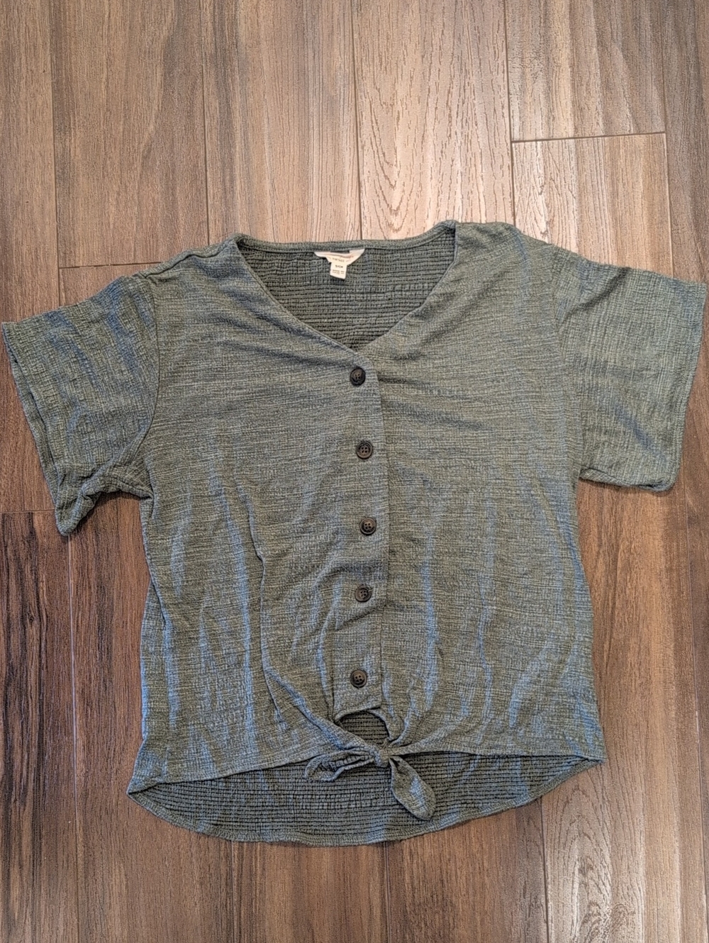 Weatherproof Vintage Sage Green Button Front Tie Short Sleeve Top